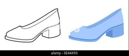 Blue block heel pump shoe women flat plus line set. Closed toe dress shoe for travel, minimal chic outfit. Technical fashion illustration, CAD mockup, mixed vector men unisex isolated stylish style. Stock Vector