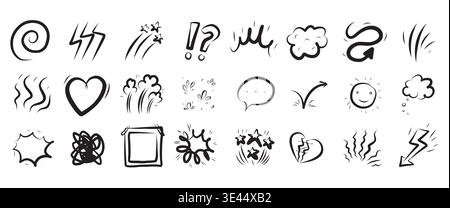 Big collection of line cartoon comic movement symbols. Fun doodle manga effects arrows bursts, clouds, swooshes hearts crowns, bubbles sound marks. Vector sticker icons art, retro action social media Stock Vector