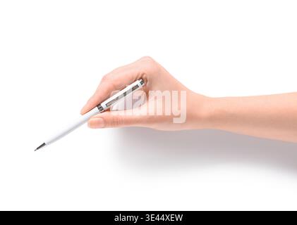 Female hand with pen on white background Stock Photo