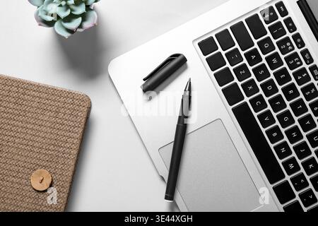 Laptop with black pen, succulent and notebook on grey background Stock Photo