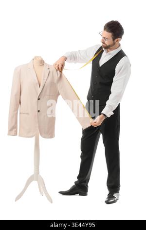 Male tailor measuring jacket on white background Stock Photo