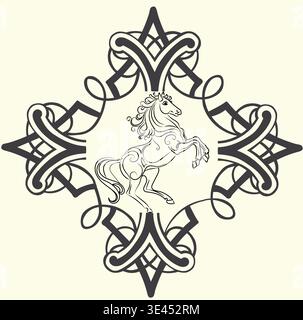 Celtic-Norse Horse Tattoo Flash with Ornamental Geometric Frame, Black Linework Vector inspired by Cheltenham equestrian culture. Stock Vector
