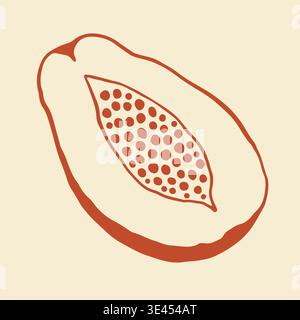 A minimalist vector drawing of a sliced papaya fruit showing the inner seeds. This artistic hand drawn tropical fruit sketch works well for exotic Stock Vector