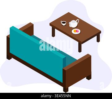 Couch and Coffee Table stock illustration. An isometric comfy couch and coffee table. Stock Vector