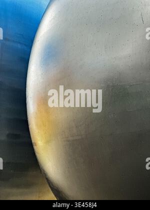 A reflection of light from an adjacent wall illuminates a metal sphere in this abstract view. Stock Photo