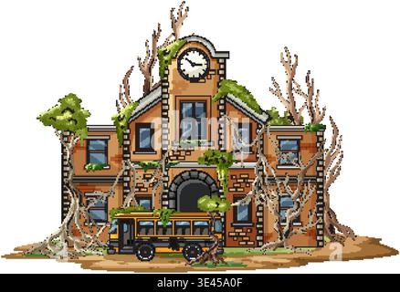 Cartoon brick schoolhouse with clock tower, overgrown trees, vines, and parked yellow school bus Stock Vector