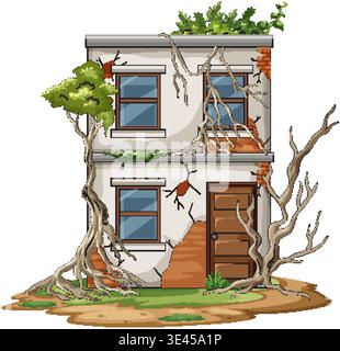 Cartoon two-story abandoned house with cracked walls, exposed bricks, and encroaching tree roots Stock Vector
