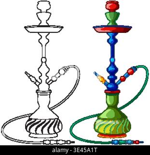 Vector illustration of a hookah in full color and black outline, clean flat style Stock Vector