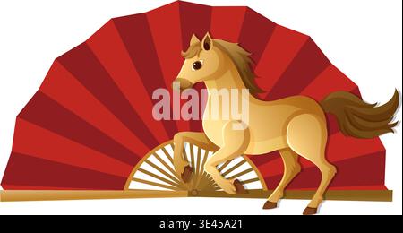 Cartoon horse standing in front of a red folding fan, isolated on white background Stock Vector