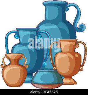 Stylized vector illustration of blue and brown Middle Eastern vases with curved handles Stock Vector