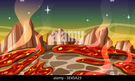 Vector illustration of a prehistoric volcanic environment with glowing lava, rocky mountains, and steam Stock Vector