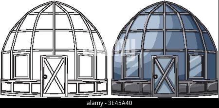 Modern geodesic glass dome house illustration with colored and outline versions, clean architectural vector style Stock Vector