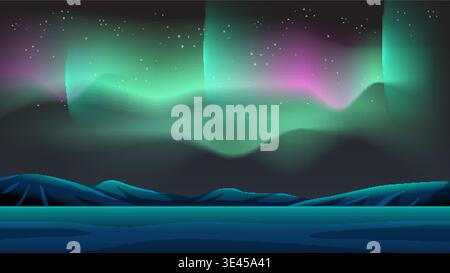 Colorful northern lights glow above dark mountains and water in this stylized vector night landscape Stock Vector