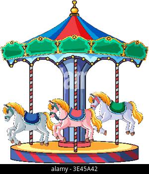 Bright vector illustration of carousel horses on classic amusement ride with clean white background Stock Vector