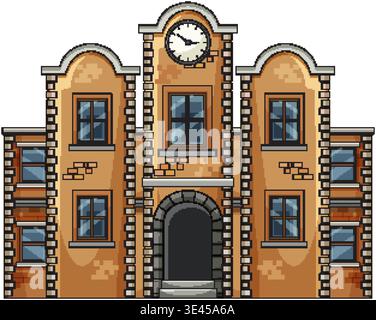 Vector illustration of symmetrical brick clock tower building with arched entrance and windows Stock Vector