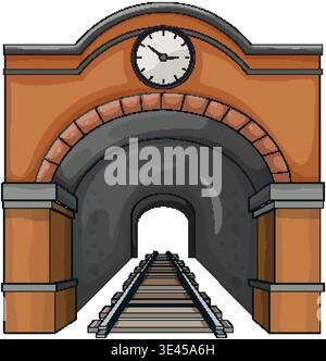 Cartoon railway tunnel entrance with brick arch, clock, and perspective train tracks on white Stock Vector