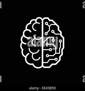 Minimal vector illustration of a human brain and artificial intelligence concept showing contrast between organic thinking and digital neural network. Stock Vector
