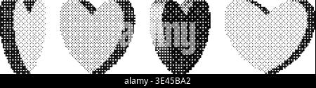 Bitmap halftone heart collection. Pixelated heart-shaped design elements for banner, poster, leaflet, sticker, collage. Dither 3d rasterized rotating hearts set. Retro Y2K 8 bit effect bundle. Vector Stock Vector