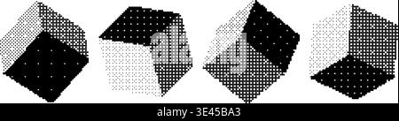 Pixel cube shape set. Bitmap 3D square form collection. Dithering element pack for graphic design, banner, poster, leaflet. Halftone cubes with rasterized effect. Vector trendy Y2K geometric bundle Stock Vector