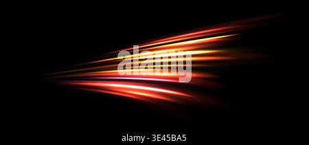 Red light trail element. Glowing neon speed line wave. Hot fire color luminous curved path concept. Abstract orange bent dynamic motion stripes. Shiny fiery streaks for poster, banner, flyer. Vector Stock Vector