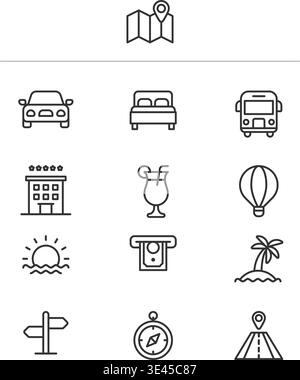 A comprehensive collection of 13 linear icons featuring travel essentials like transport, hotels, and beach leisure. Stock Illustration. Stock Vector