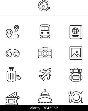 A set of minimal linear icons representing transportation, luggage, photography, and world travel essentials for web design. Stock illustration. Stock Vector