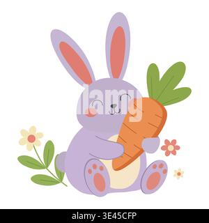 Adorable Purple Bunny Holding a Large Carrot with Spring Flowers Stock Vector