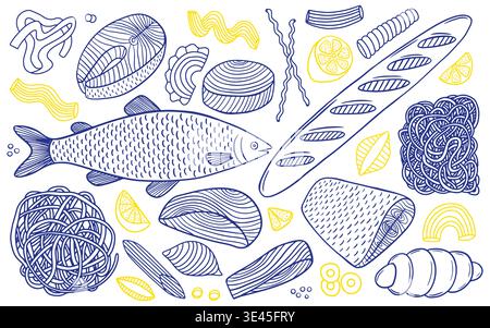 Fish and pasta hand drawn sketch set Stock Vector