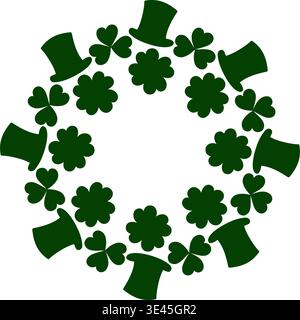 Silhouettes Round Frame border made of clover leaves and leprechaun hats Minimal Flat design Copy space Template. Vector illustration St Patricks Day Greeting or Promo materials sample Media post, tag Stock Vector