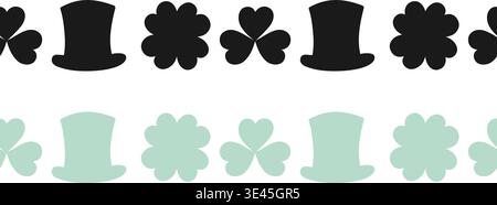 Seamless lines ornament made of Silhouette clover leaves and leprechaun hat Black and Green version. Vector illustration Minimalistic Flat design Greetings Thematic decor for Social media post, labels Stock Vector