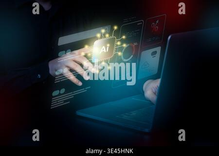 Hand interacting with a hologram AI interface and glowing processor icon representing artificial intelligence and future technology systems. Stock Photo
