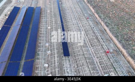 Large scale ground mounted solar panels under construction on agricultural land, demonstrating infrastructure development for renewable energy and gre Stock Photo