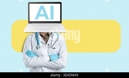 Doctor figure with laptop head showing AI concept in healthcare setting Stock Photo