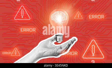 Light bulb with brain symbol in hand shows ideas and errors on a red circuit background Stock Photo