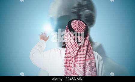 Man interacts with artificial intelligence in a modern setting during daytime hours Stock Photo
