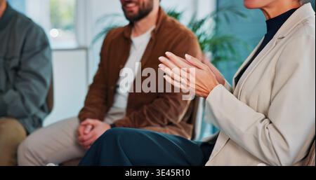 Group, hands and applause for meeting in office, discussion and collaboration for training workshop. Team, clapping and people with smile for Stock Photo