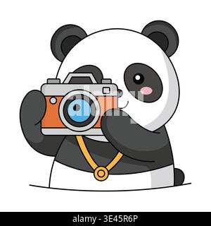 Panda Photographer Character Holding Camera Taking Photo Flat Vector Illustration Design Stock Vector