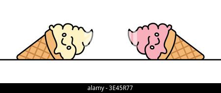 Ice Cream Cones characters with Happy Faces Lying on Surface Flat Vector Illustration Stock Vector
