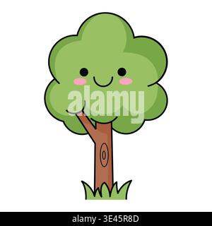 Tree Character with Happy Smiling Face on Grass Flat Vector Illustration Design Stock Vector