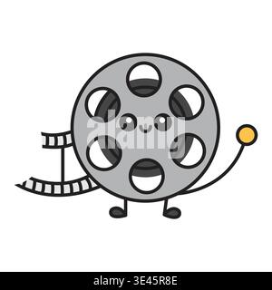 Film Reel Character with Happy Face Holding Movie Strip Flat Vector Illustration Design Stock Vector