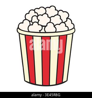 Red and White Striped Popcorn Bucket Filled with Fluffy Popped Corn Illustration Stock Vector
