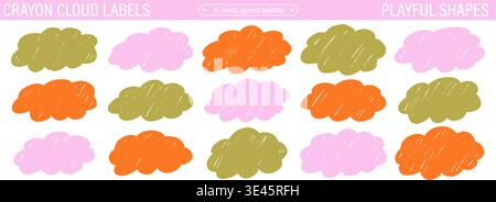 Cloud label shapes set. Crayon scribble fluffy stickers. Cute doodle wavy frame collection Stock Vector