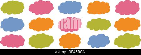 Set of irregular fluffy cloud labels. Colorful wavy frames for text. Cute cartoon sticker collection Stock Vector