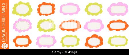 Hand drawn scribble cloud label shapes. Fluffy edges with crayon texture. Cute doodle frame set Stock Vector