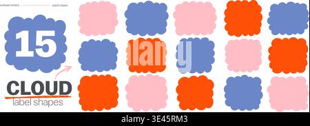Set of irregular fluffy cloud labels. Colorful wavy frames for text. Cute cartoon sticker collection Stock Vector