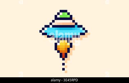 Pixel art game Space saucer with Jet stream. Stock Vector