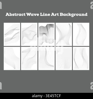 Abstract Wave Line Art Background Set, Minimal Fluid  Curve Flow Line Design, Modern Topographic Organic  Wave Art Print, Elegant Fine Line Background Stock Vector