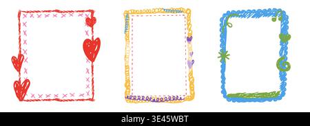 Kid frame crayon box, textured whimsical wax pen border set. Playful frames for kids with moon and stars, hearts, rainbow kindergarten, preschool, school designs, text areas and creative layouts. Vector illustration Stock Vector