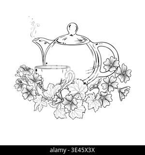 Malva Tea in Teapot Outline Illustration. Stock Vector