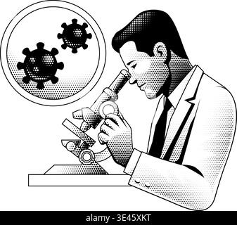 Scientist Using Microscope Vintage Illustration Stock Vector